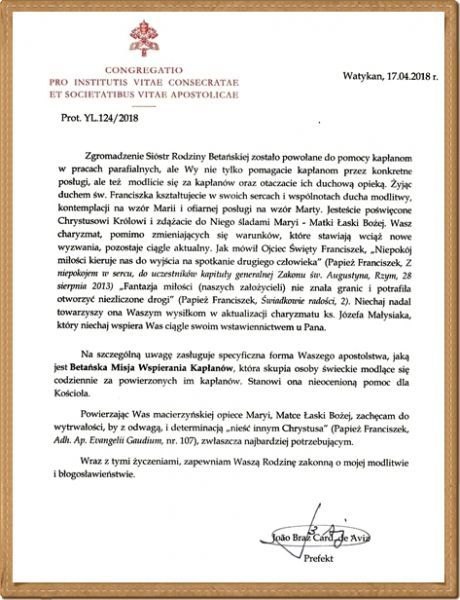 Błogosławieństwo Stolicy Apostolskiej dla Betańskiej Misji